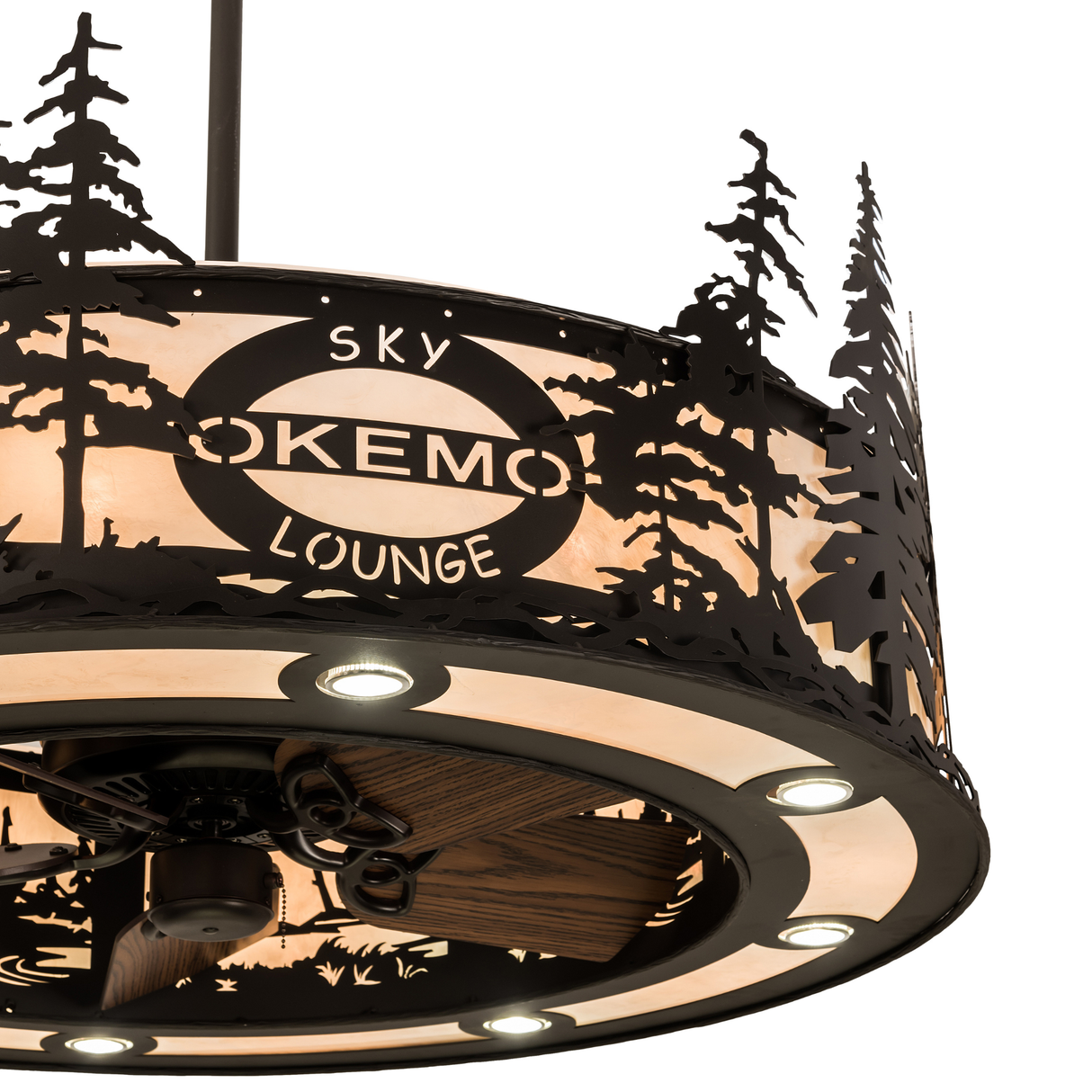 Close-up side lit view of Okemo Sky Lounge Chandel-Air highlighting logo and tree pattern details.