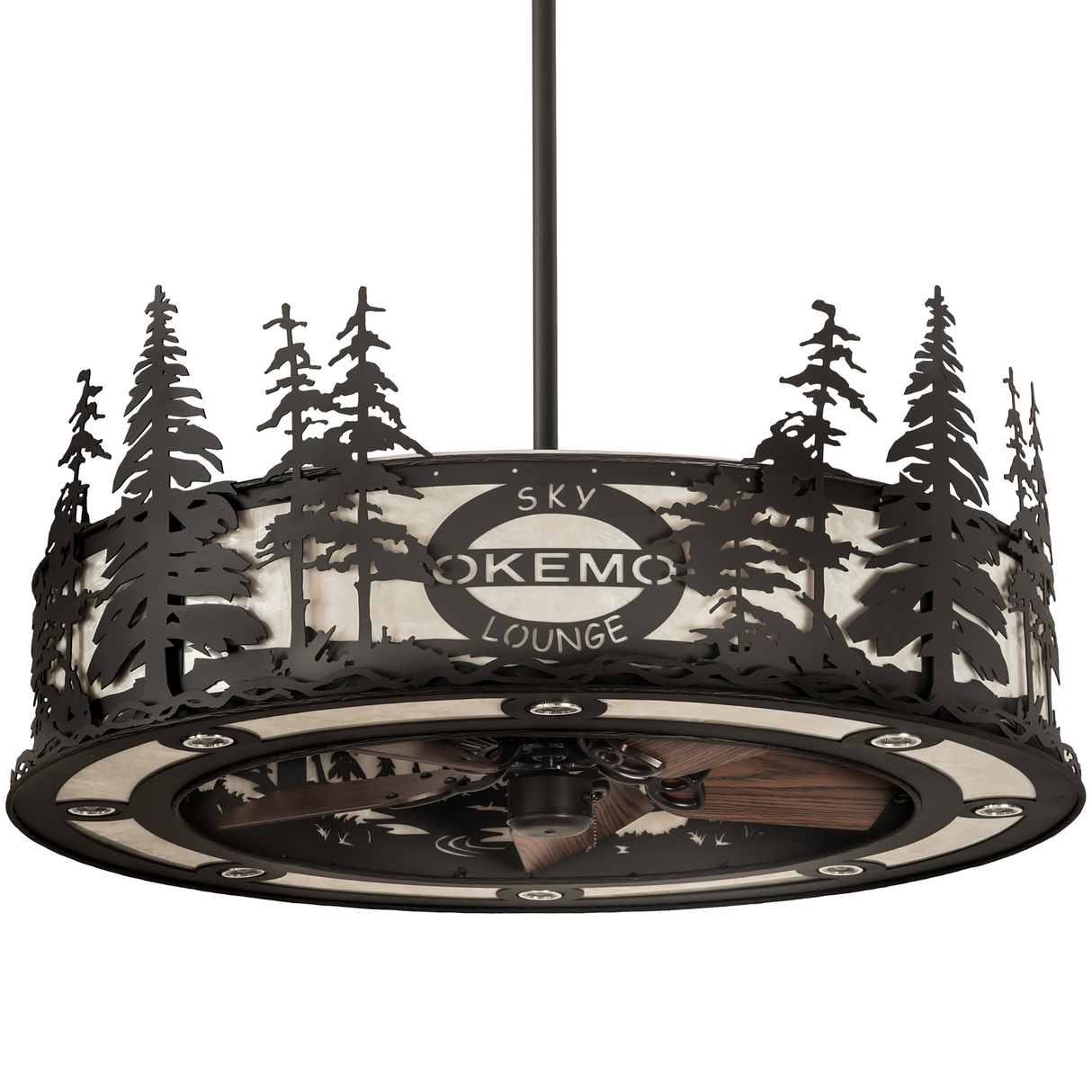 Unlit angled view showing custom Okemo Sky Lounge logo, pine forest metalwork, and central fan.