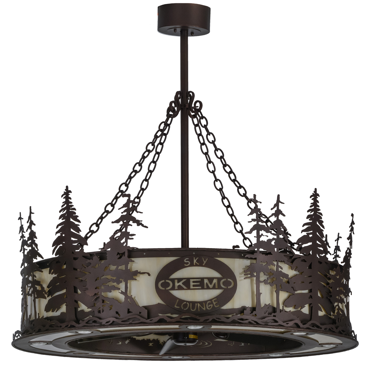 Unlit front view of Okemo Sky Lounge Chandel-Air with forest silhouette.