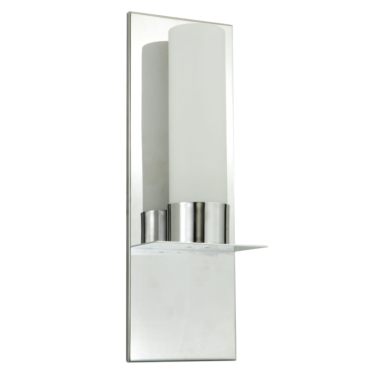Unlit view of Orchard Town wall sconce with frosted cylindrical glass shade