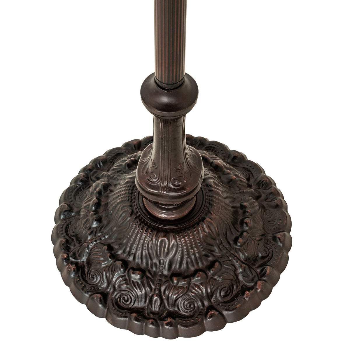 Ornate bronze base of a 62-inch high 3-light floor lamp.