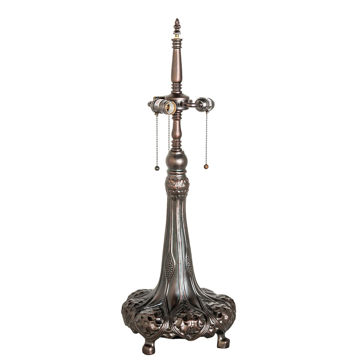 Ornate bronze table lamp base with three light sockets and intricate floral detailing.