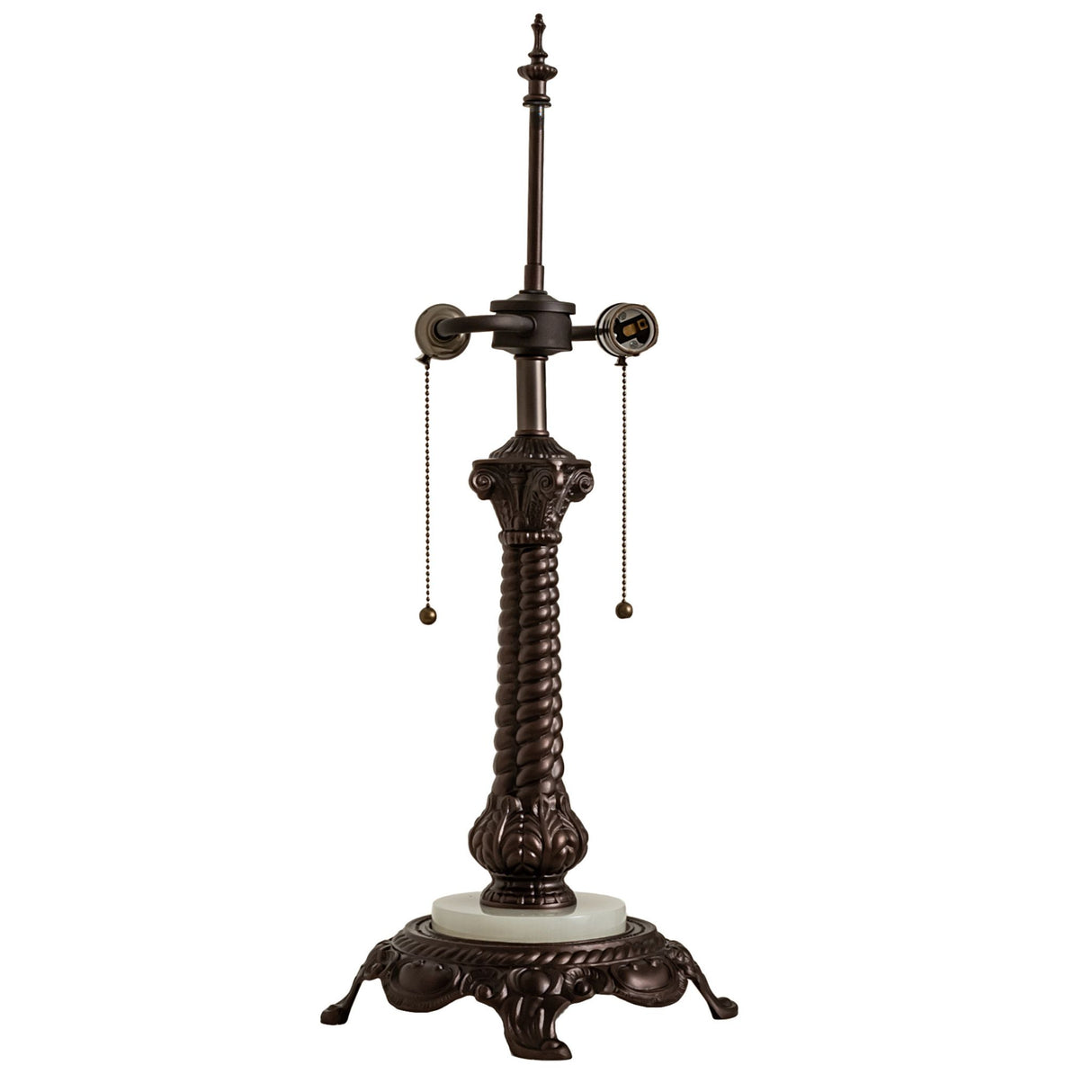 Ornate rope-style table lamp base with bronze finish and dual pull chains.