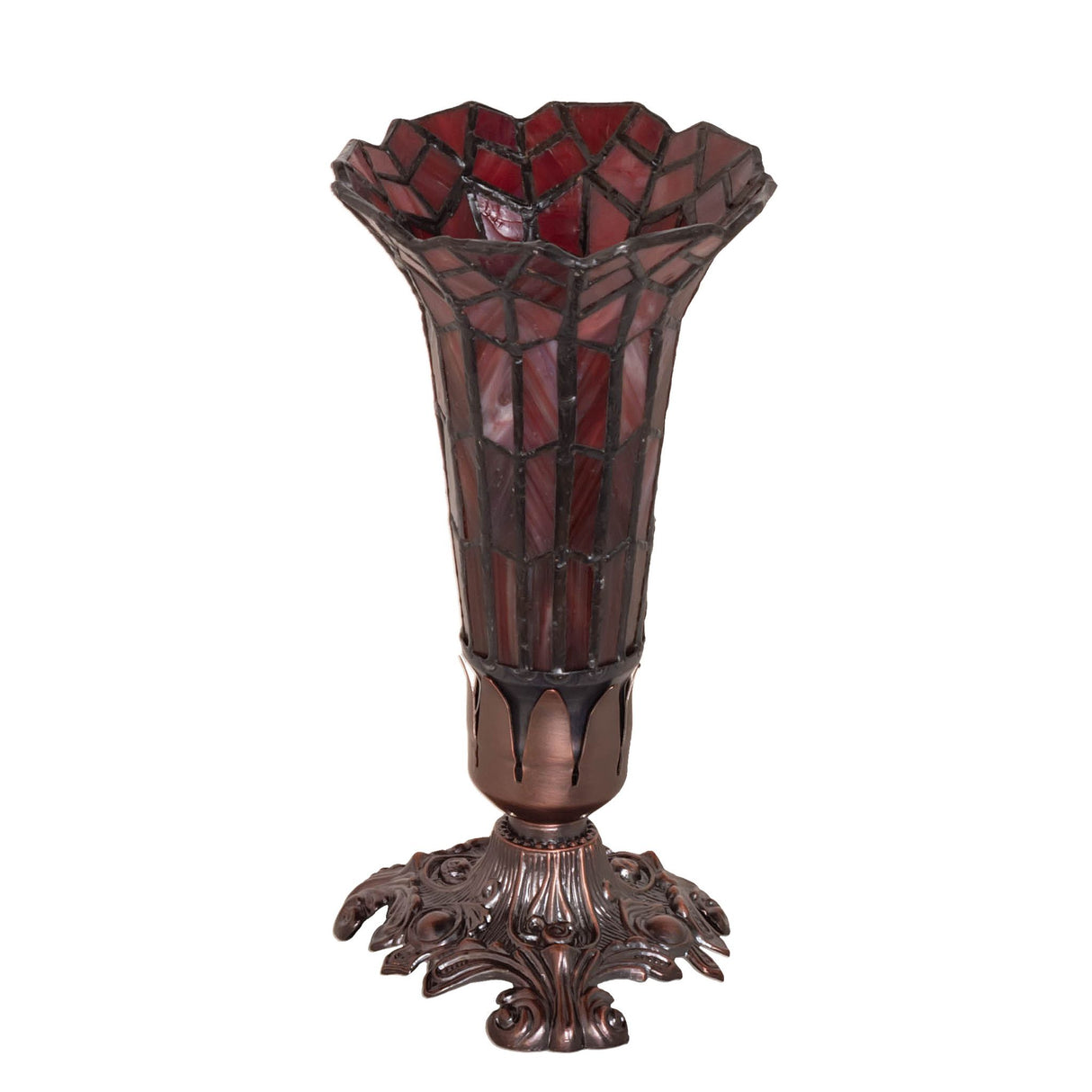Unlit stained glass pond lily lamp with bronze Victorian-style base.