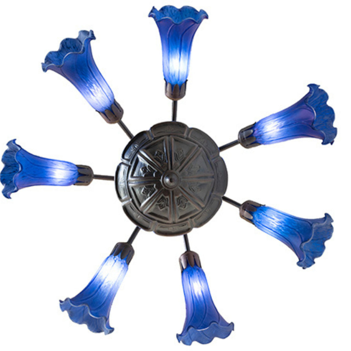 Overhead view of blue Tiffany Pond Lily chandelier with decorative floral glass shades.