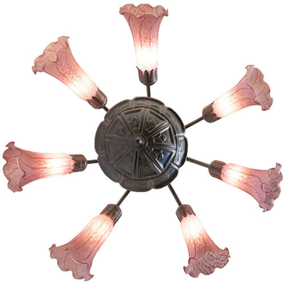 Overhead view of a chandelier with seven glowing lavender lily-shaped glass lamps, highlighting a decorative metal canopy.