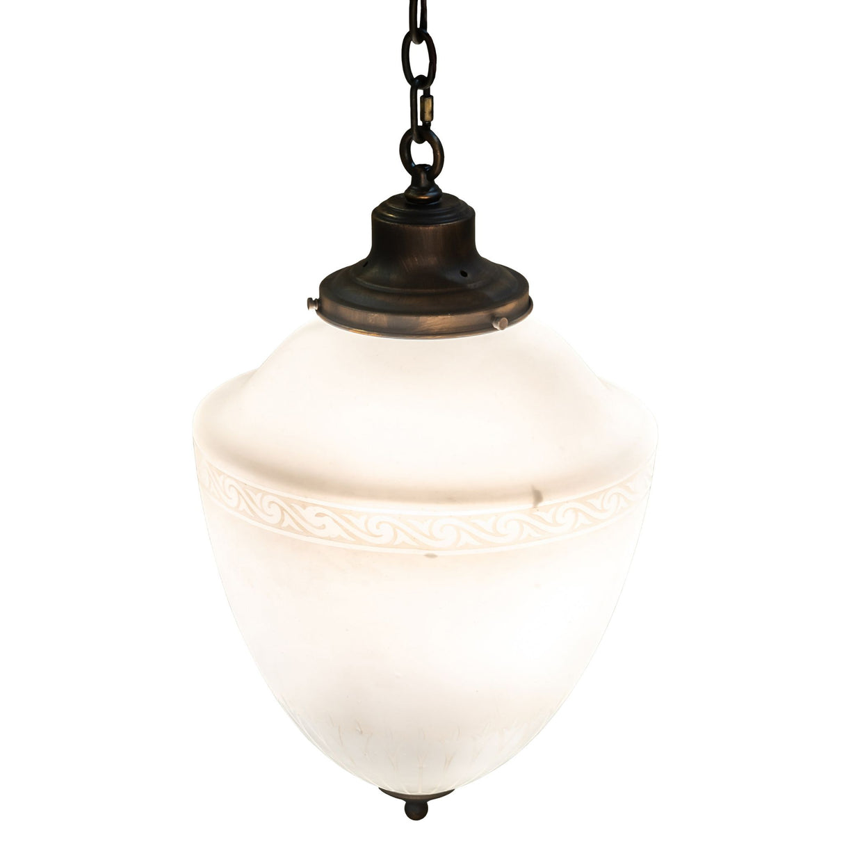 Angled view of Ovum Aquinum pendant hanging.