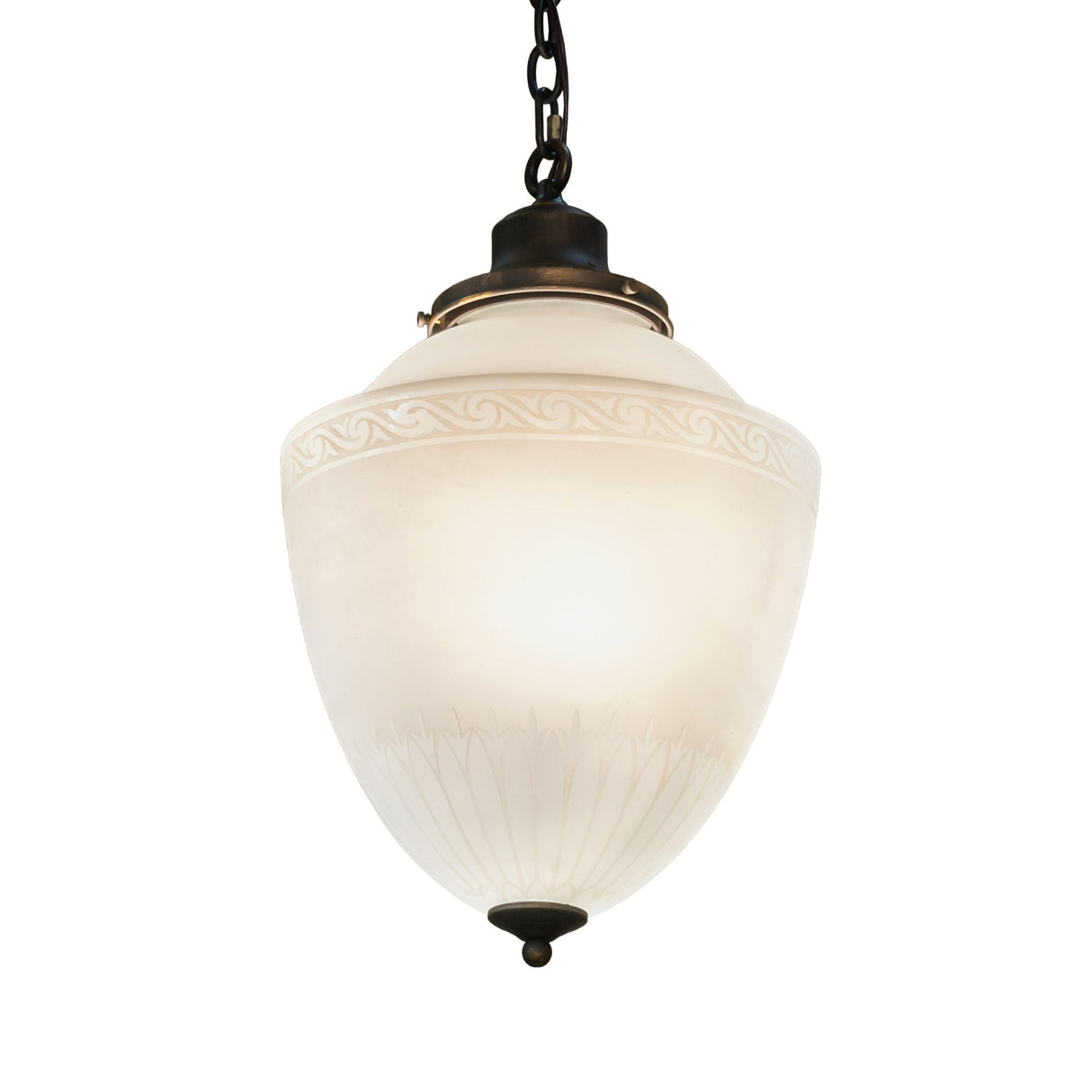 Front view of Ovum Aquinum pendant, glowing softly.