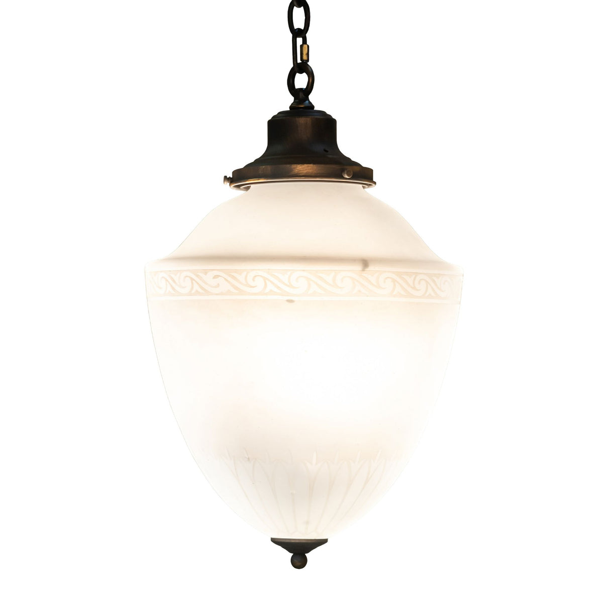 Warm glow from Ovum Aquinum pendant light.