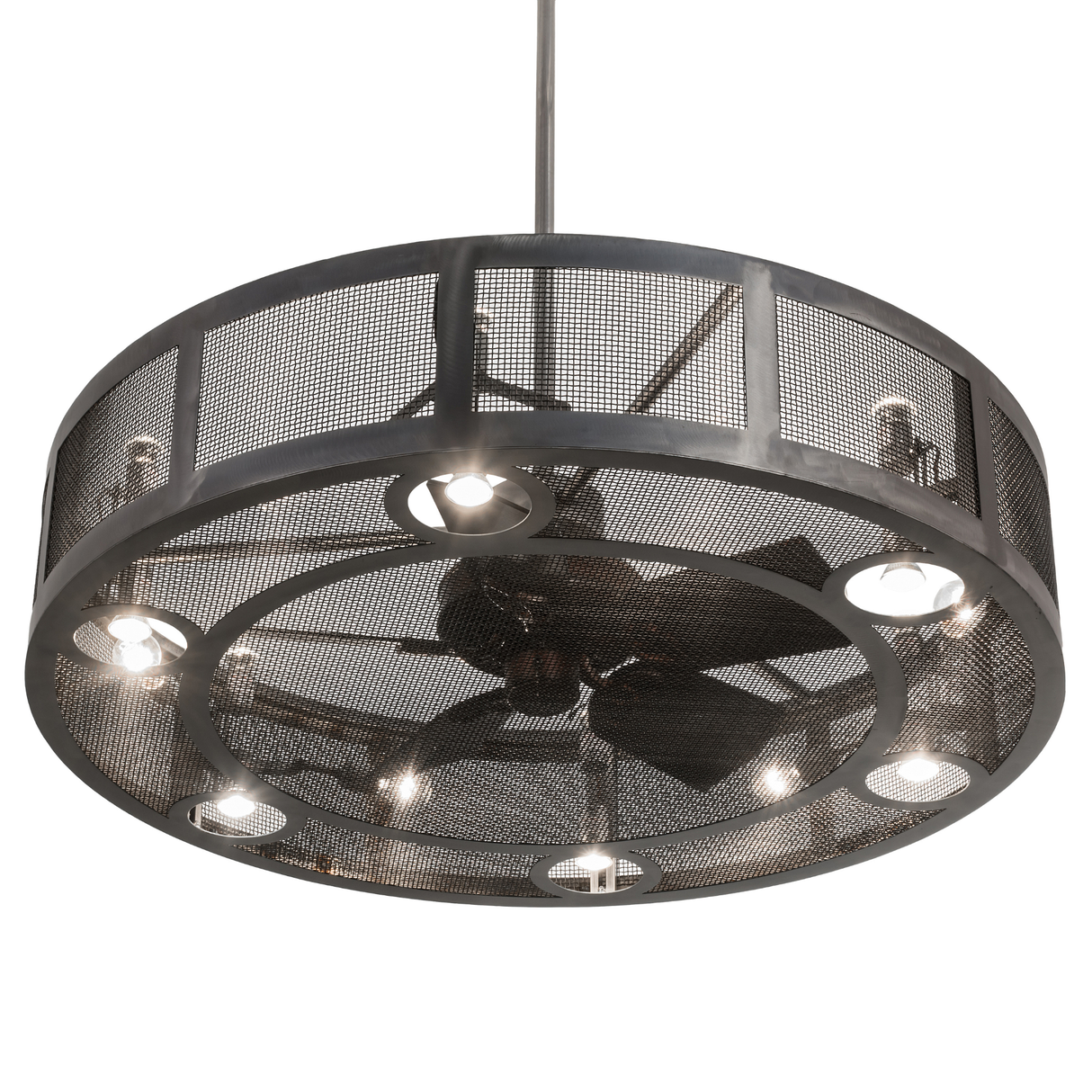 Bottom angle lit view revealing fan blades through perforated steel bottom cover.
