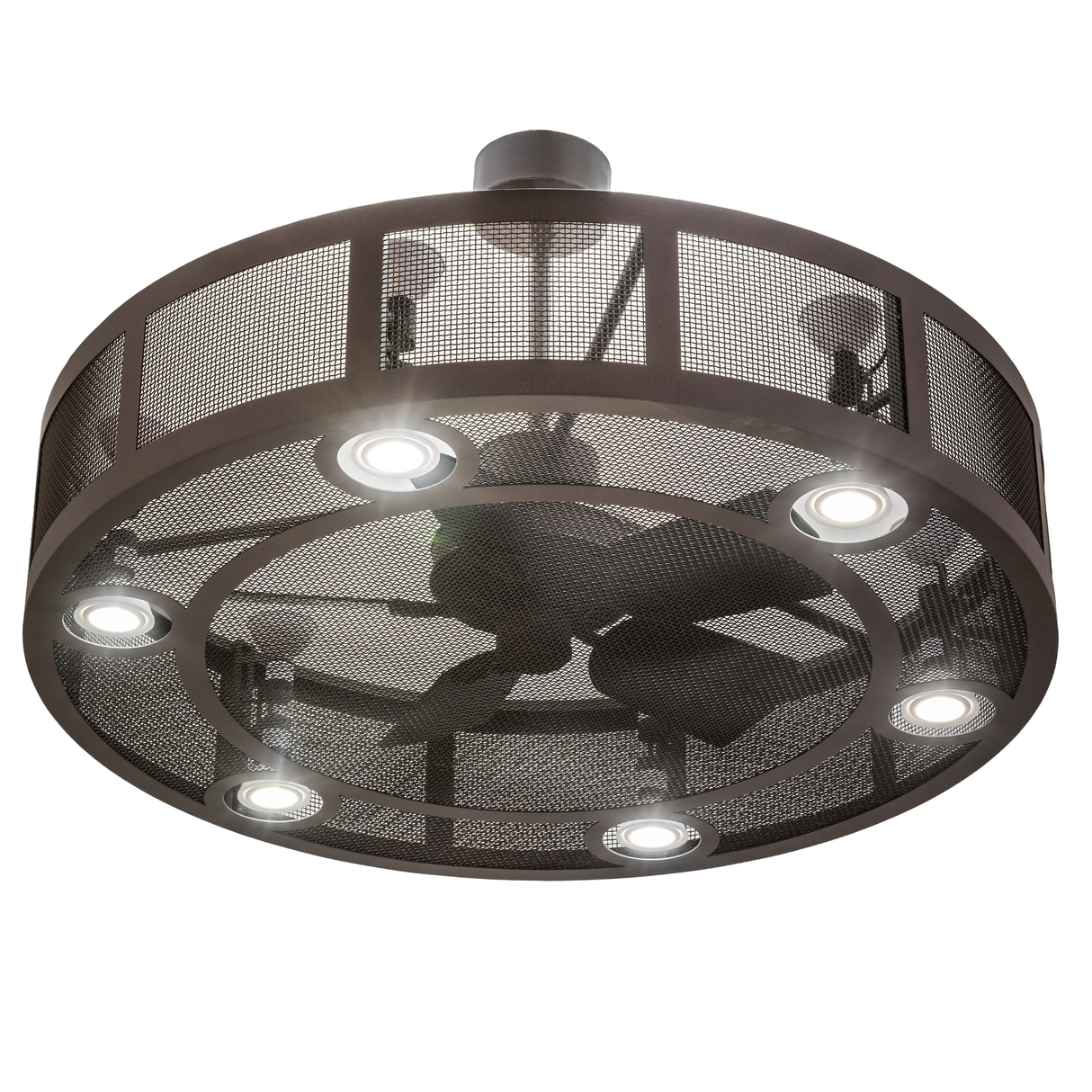 Bottom angle lit view of Paloma Golpe Chandel-Air with downlights glowing through mesh grille.
