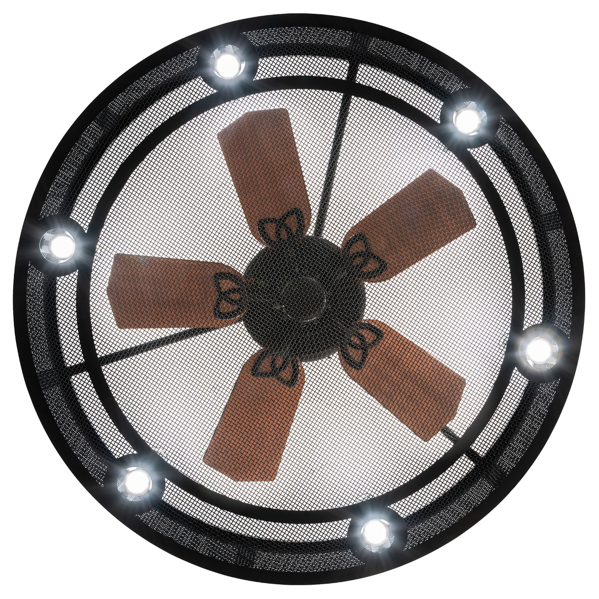 Close-up under view of blades and six downlights.
