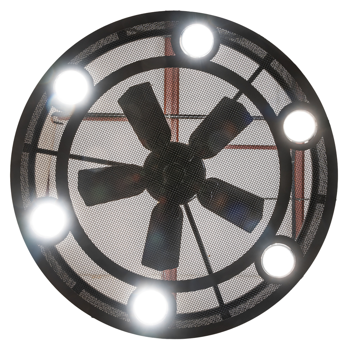 Bottom view showing fan blades and illuminated LEDs.