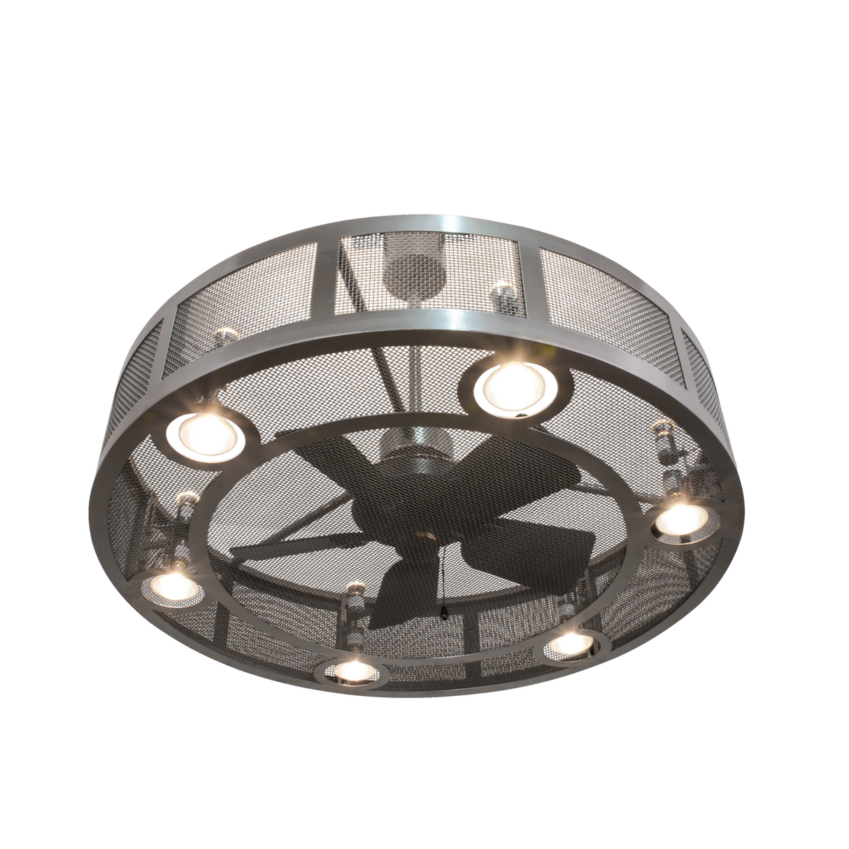 Bottom view featuring five fan blades and surrounding lit LED rings.