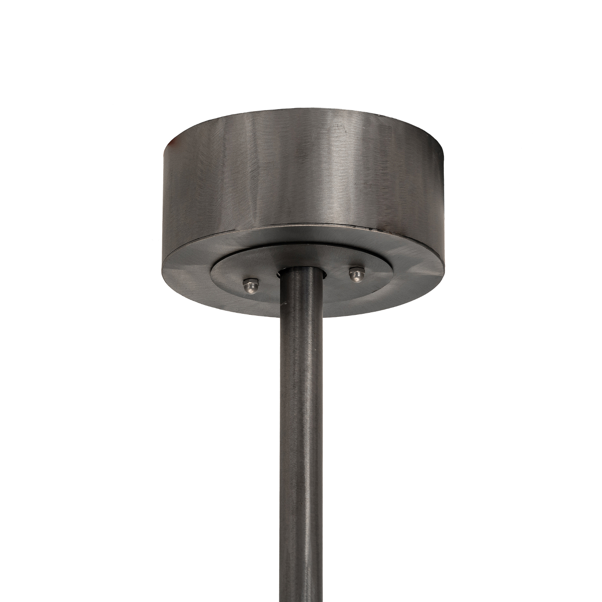 Unlit close-up of canopy and suspension rod in brushed steel finish.