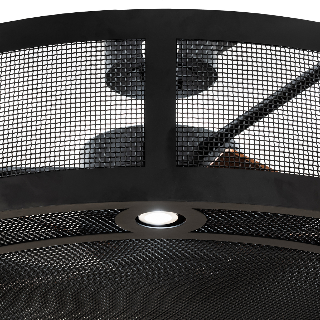 Tight detail of welded mesh edge and lighting trim.