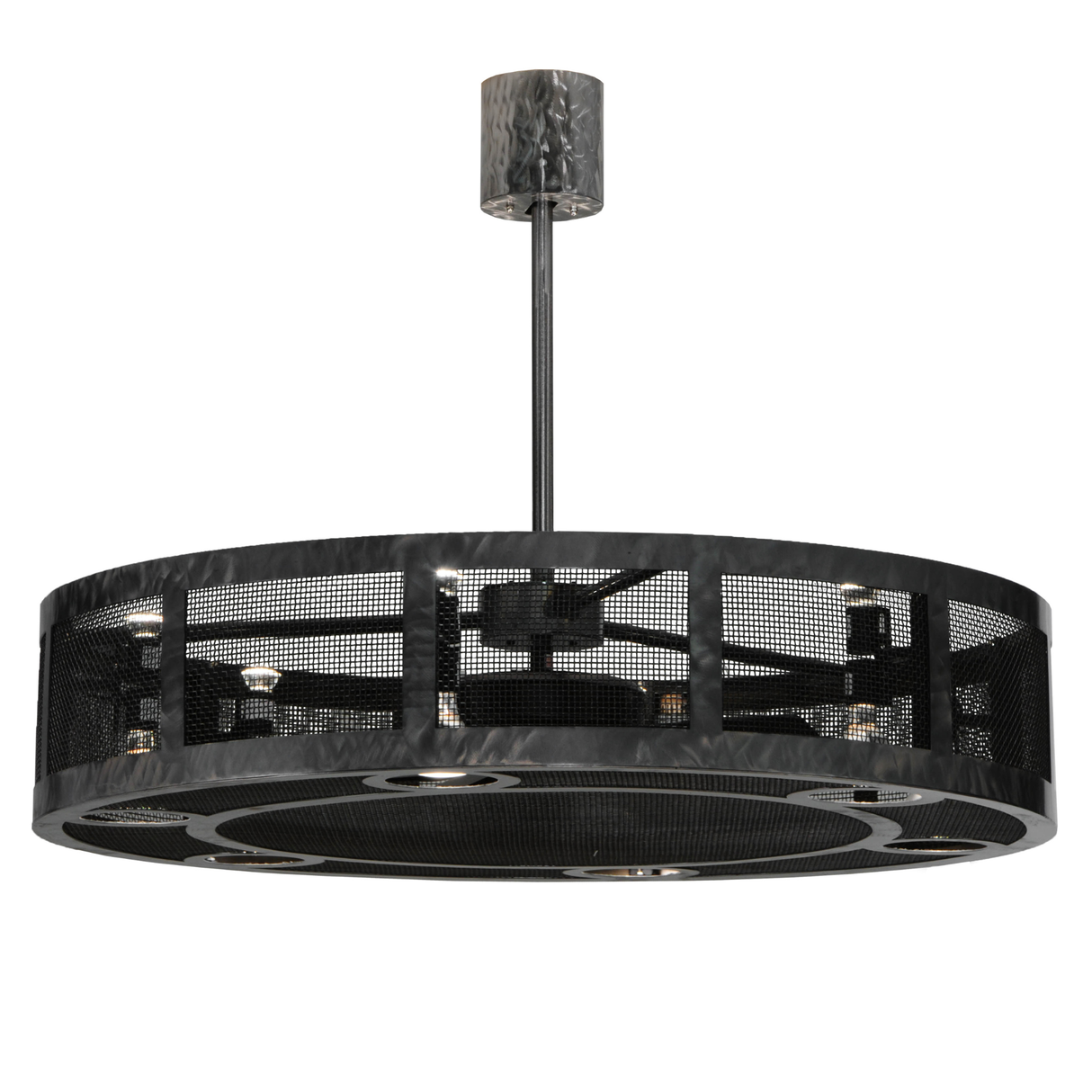 Front angled lit view showing glowing downlights and mesh frame.