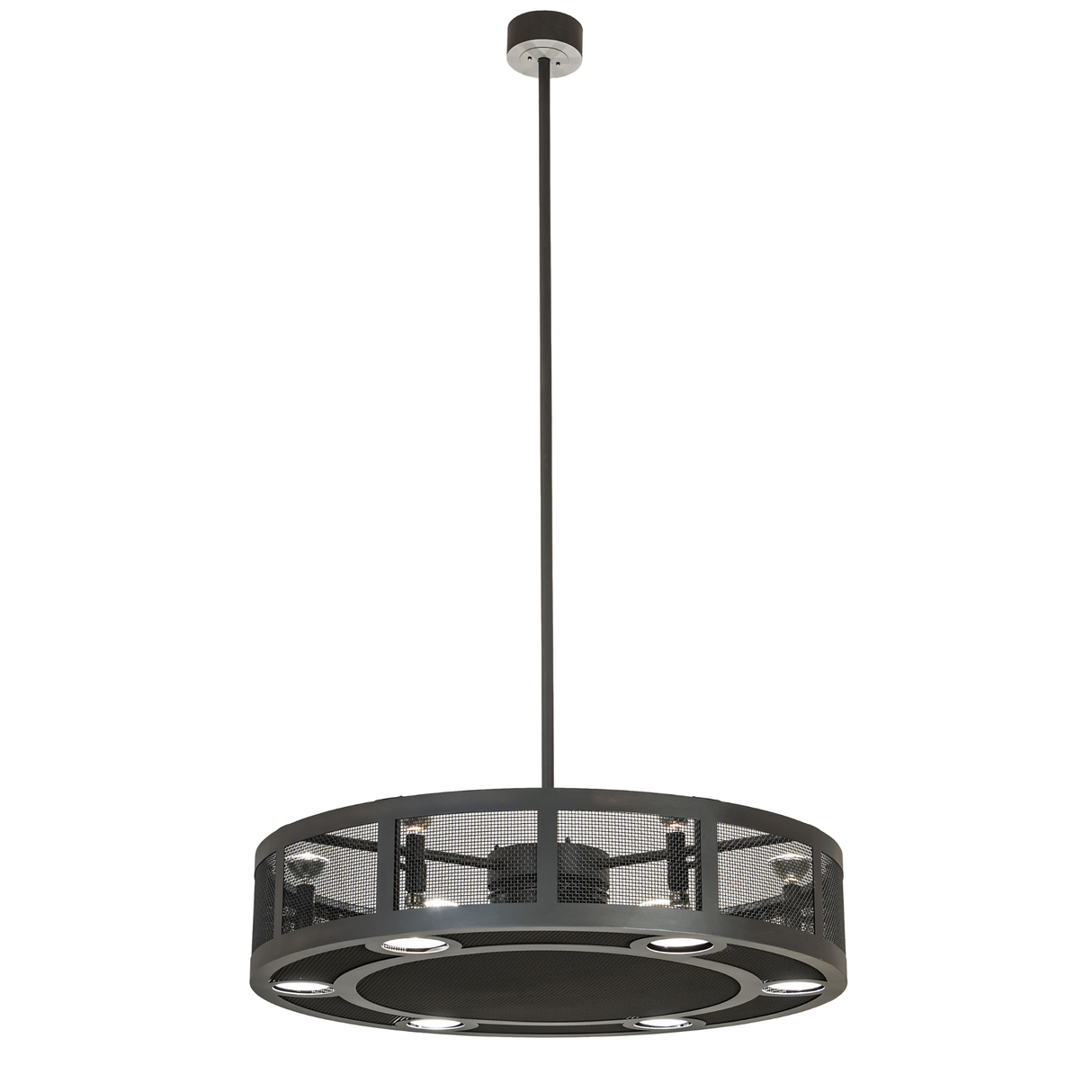 Full hanging view with long downrod and circular fixture.