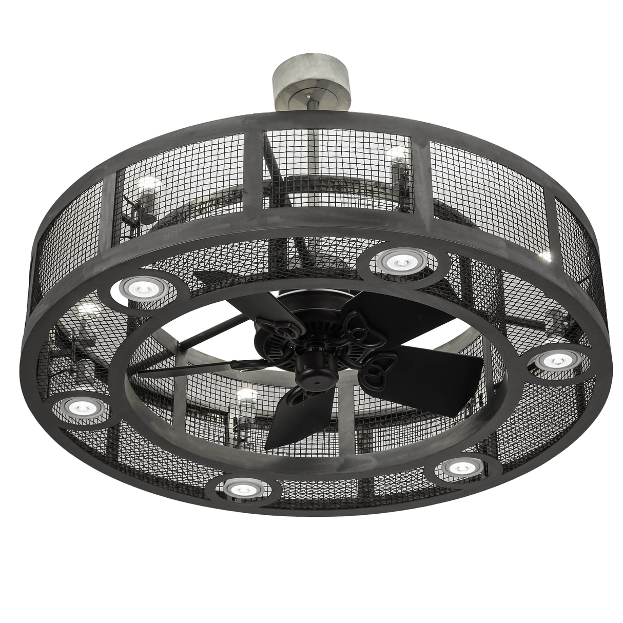 Downward view showing fan blades and circular LED lights.