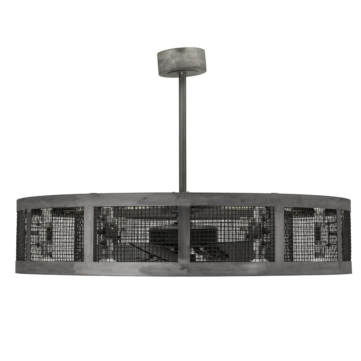 Side view of industrial chandel-air with mesh and lighting.