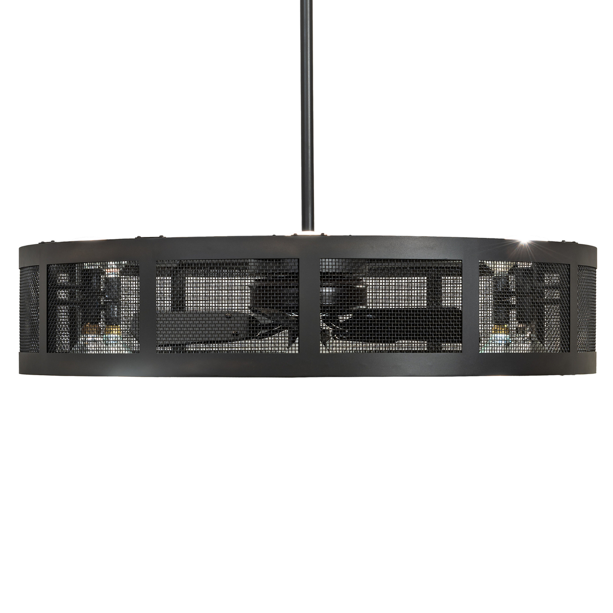 Side profile showing circular mesh frame and downlights.