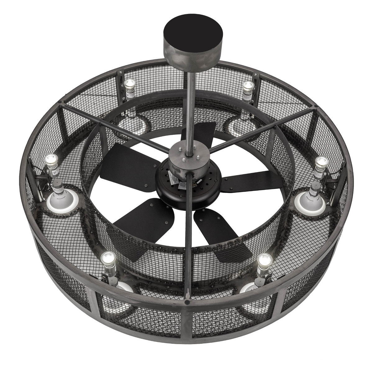 Overhead view showing fan blades and uplight arrangement.