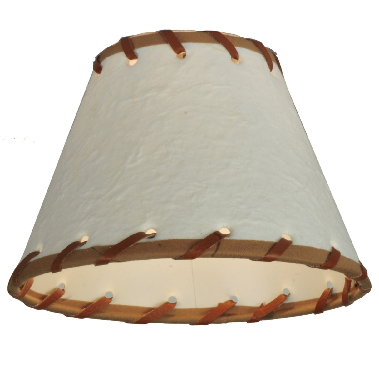 Bottom view of the parchment and rawhide shade emphasizing its craftsmanship.