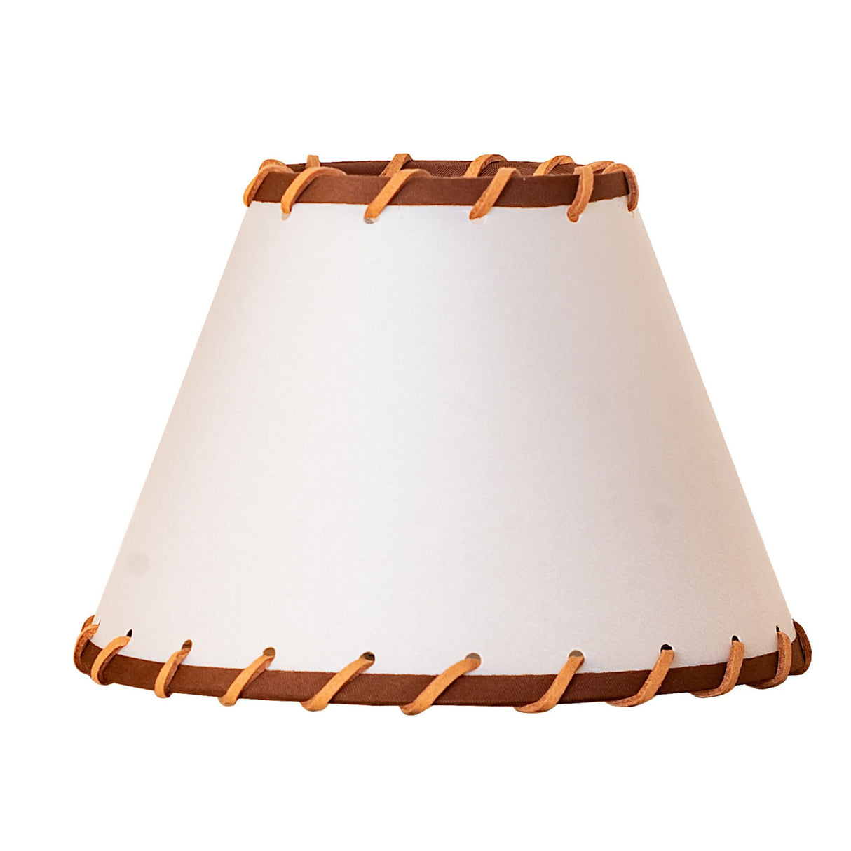 A natural parchment and rawhide shade with a rustic, western-inspired design.