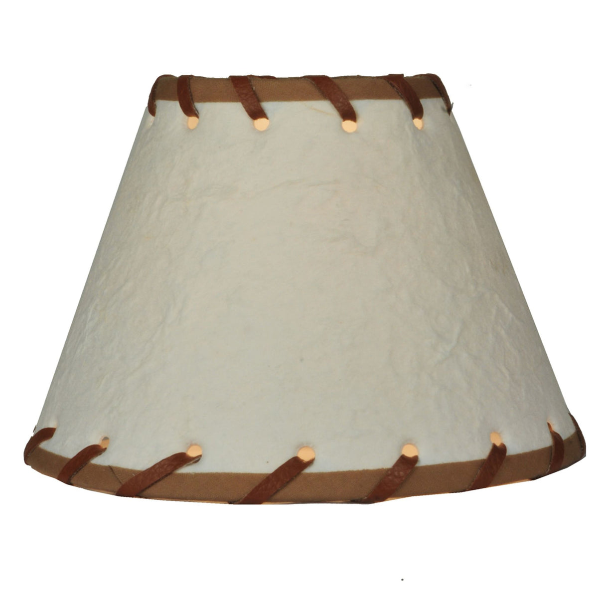 Textured look of the parchment shade with intricate rawhide stitching.