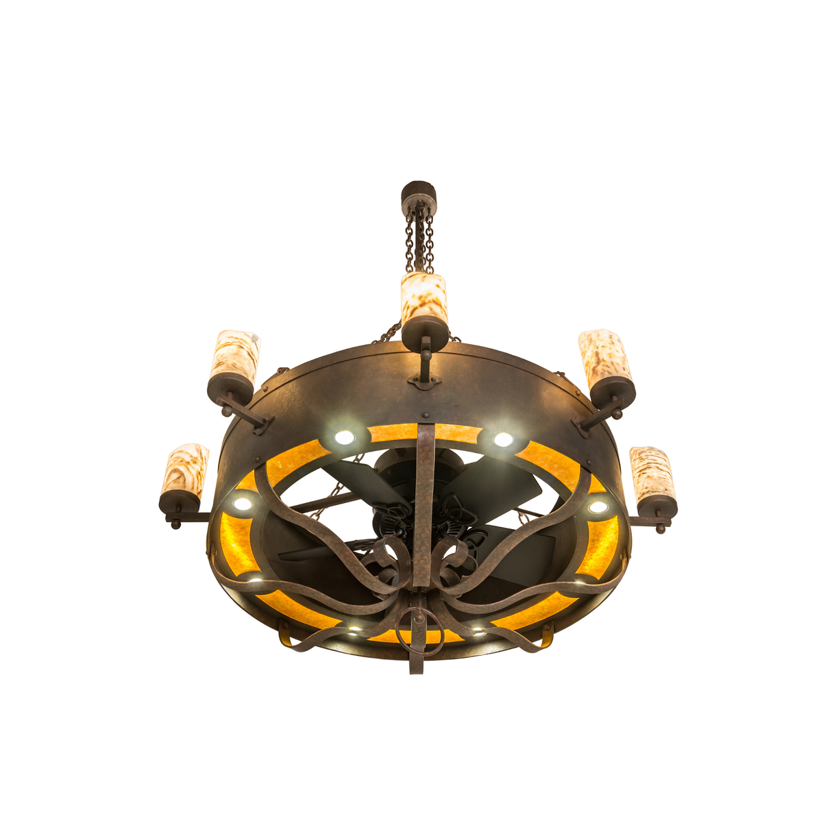 Bottom angled lit view revealing fan blades and amber diffuser ring.