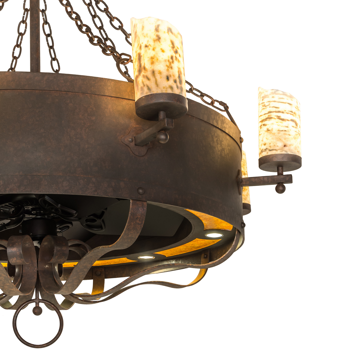 Angled detail view showing glowing jadestone glass and rustic iron frame.
