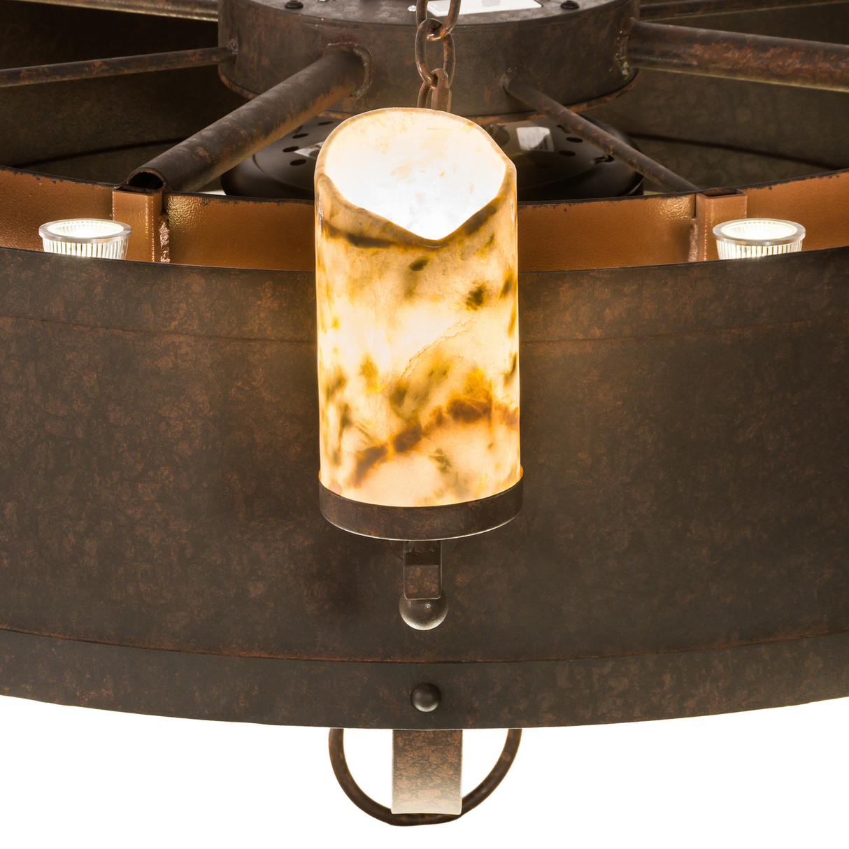 Close-up highlighting rustic metal texture and glowing jadestone shade.