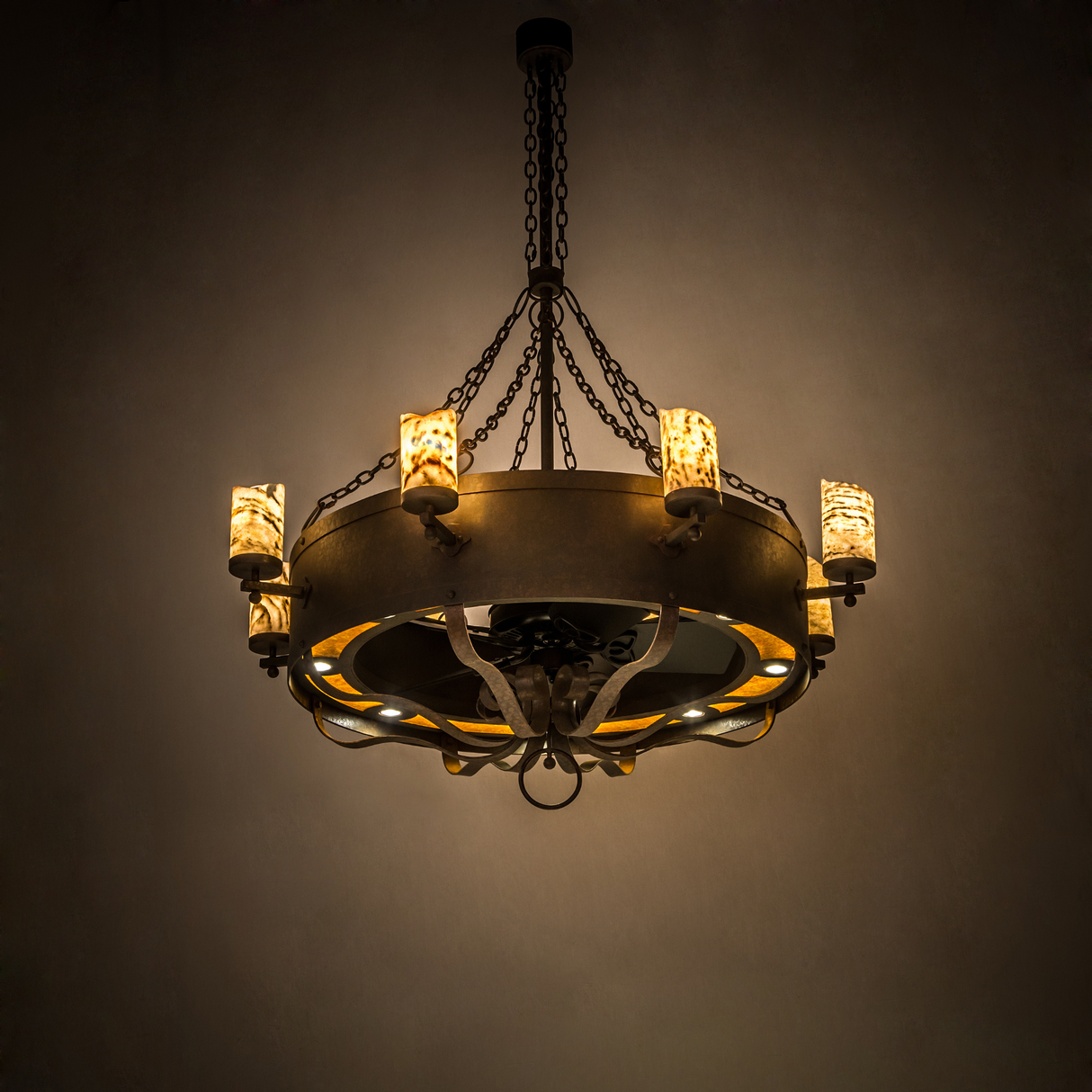 Angled lit view showing rustic ring frame and glowing jadestone cylinders.