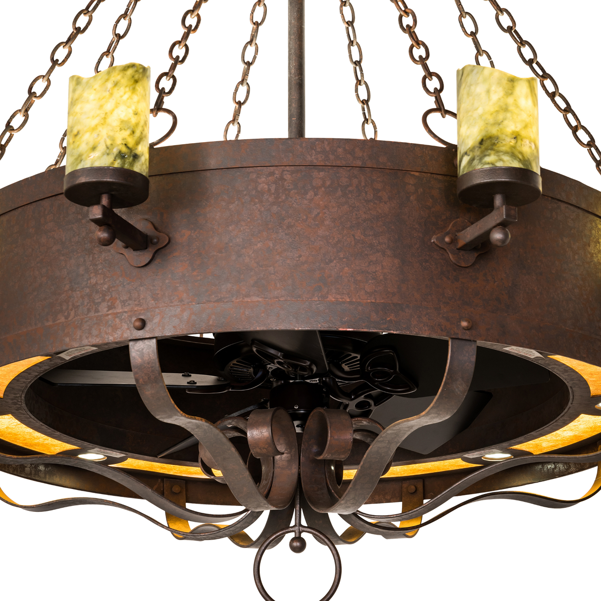 Close-up of jadestone shade and curved metal arms with rustic texture.