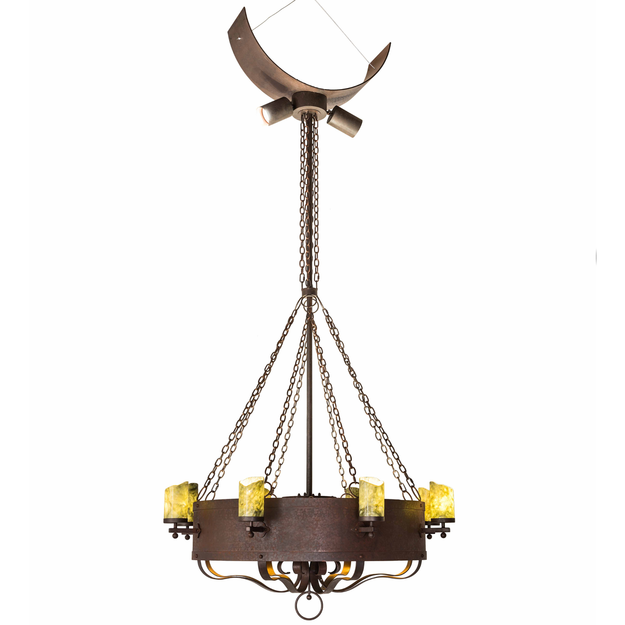 Side lit view featuring green jadestone shades and bronze metalwork.