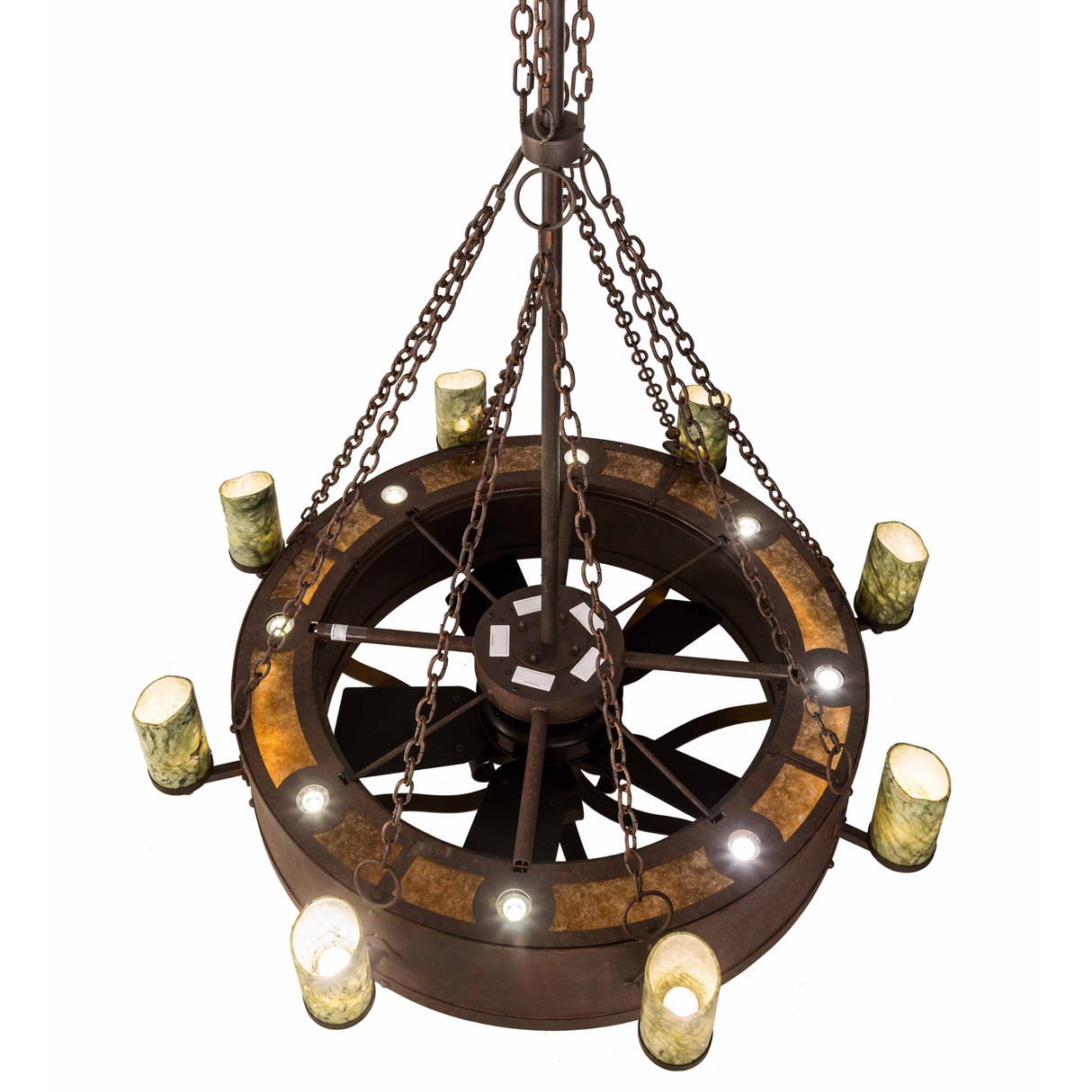 Overhead lit view showing fan blades and glowing amber mica diffuser.