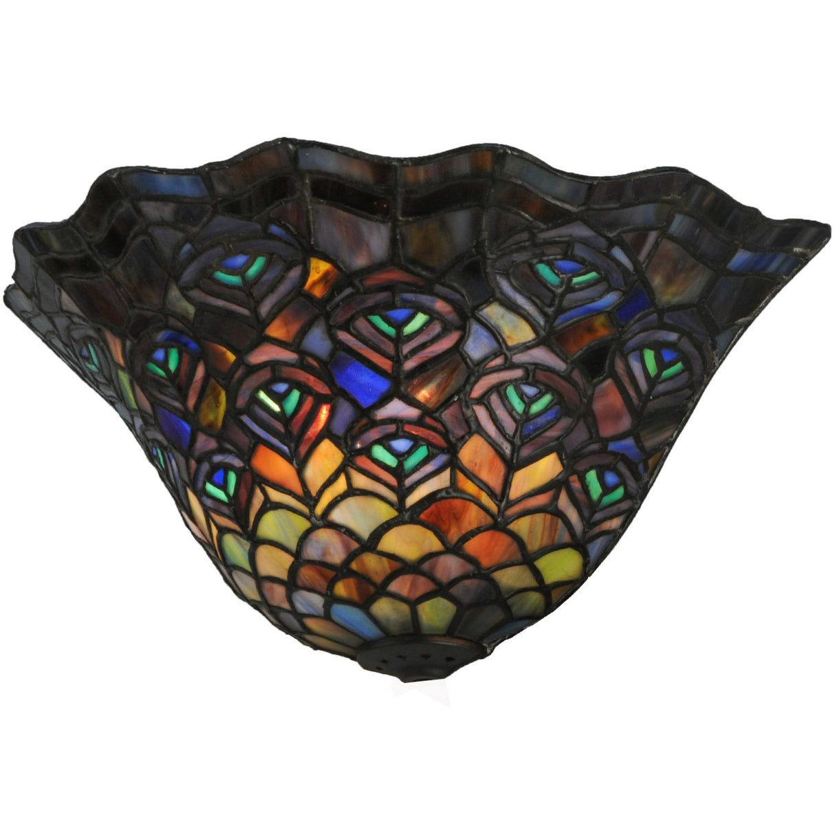 Bottom view of the sconce with its unique colorful glass art details.