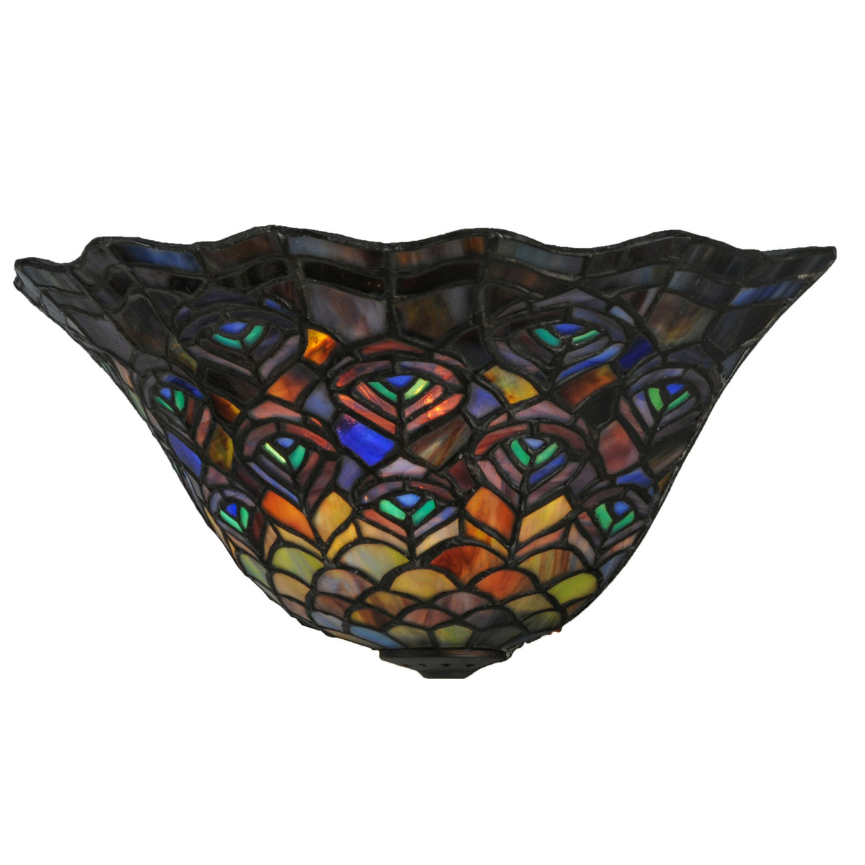 Front view of 12.5" Peacock Feather Wall Sconce showcasing colorful glass feathers.
