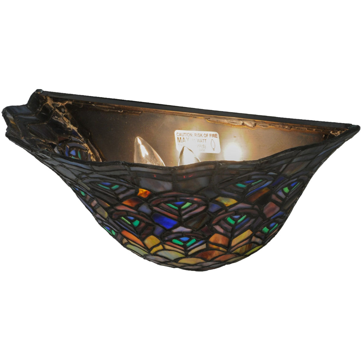Illuminated view of Peacock Feather Wall Sconce with vibrant and rich hues.