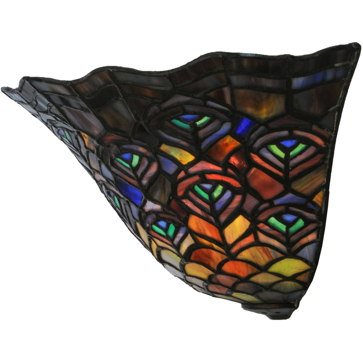 Side view of Peacock Feather Wall Sconce with intricate copperfoil glasswork.