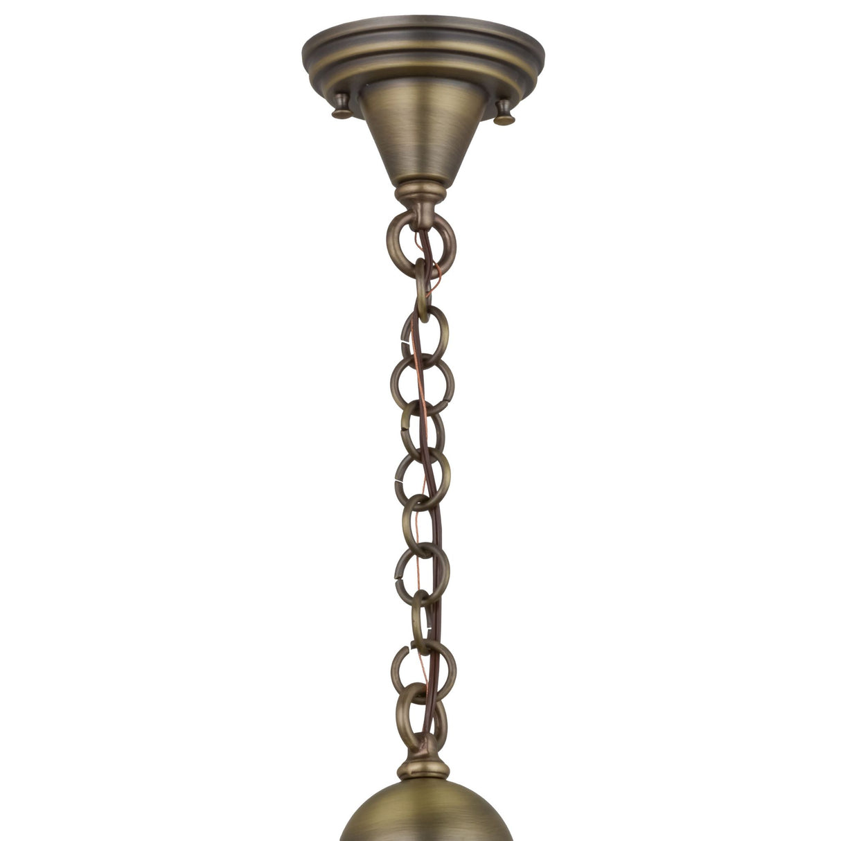 Close-up of the antique brass pendant canopy with chain mount.