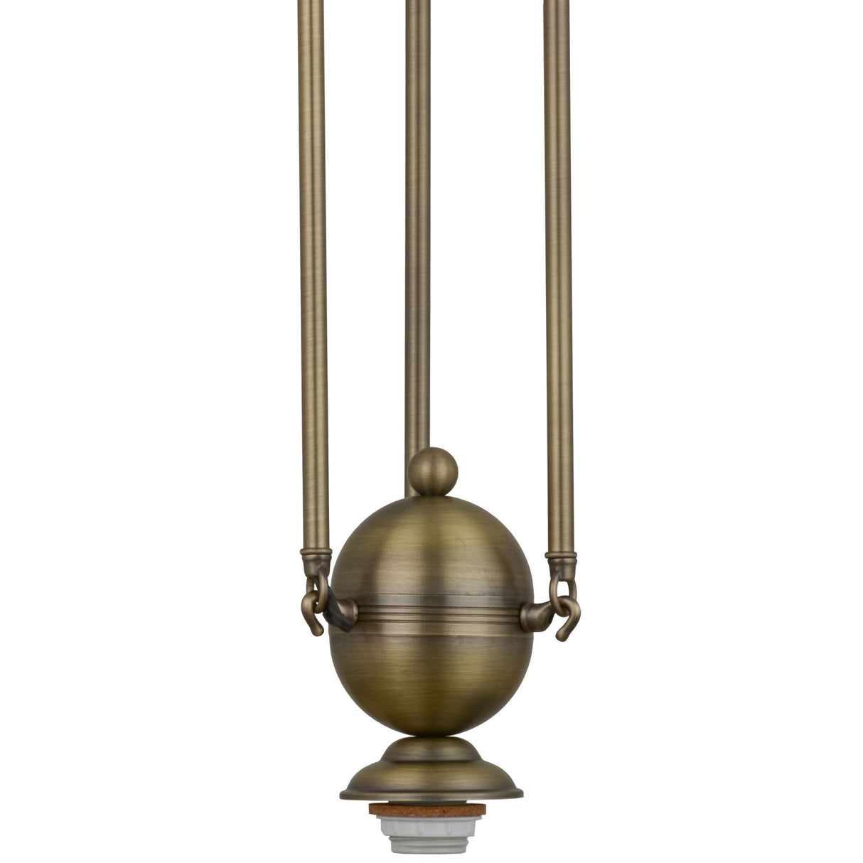 Close-up view of antique brass pendant hardware socket and lower detailing.