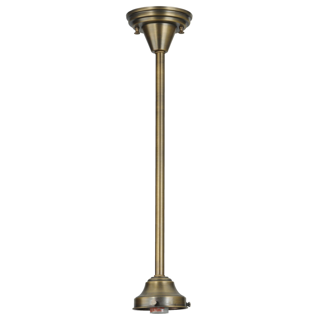 Full view of antique brass pendant hardware with straight stem and 5-inch fitter.