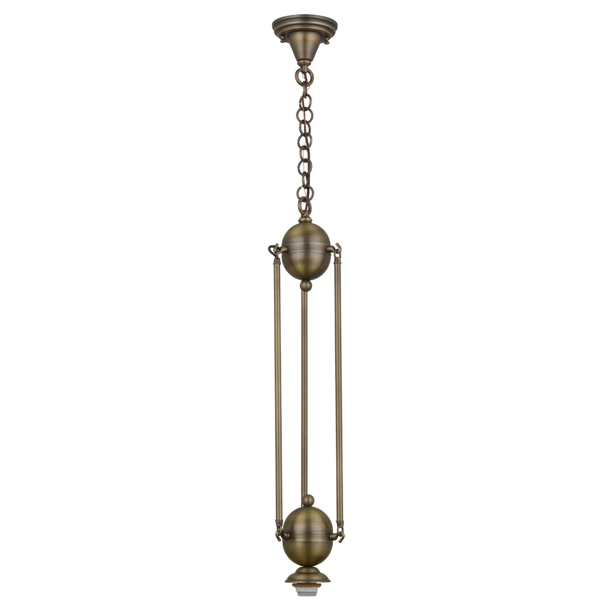 Full view of antique brass pendant hardware with chain and rod design.