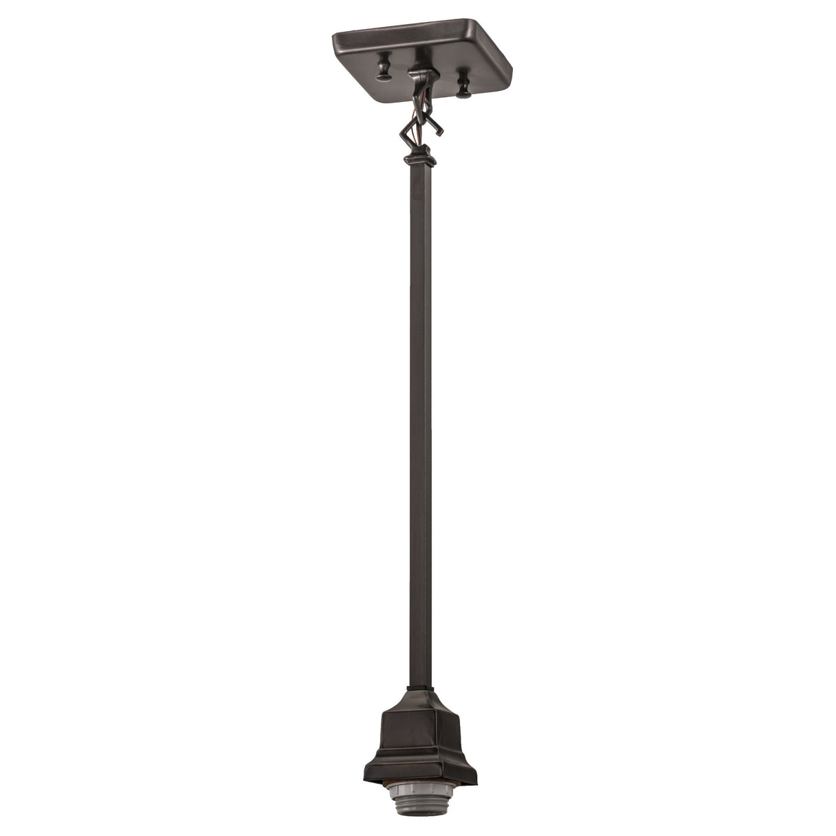 Full view of pendant hardware with brown brass finish.
