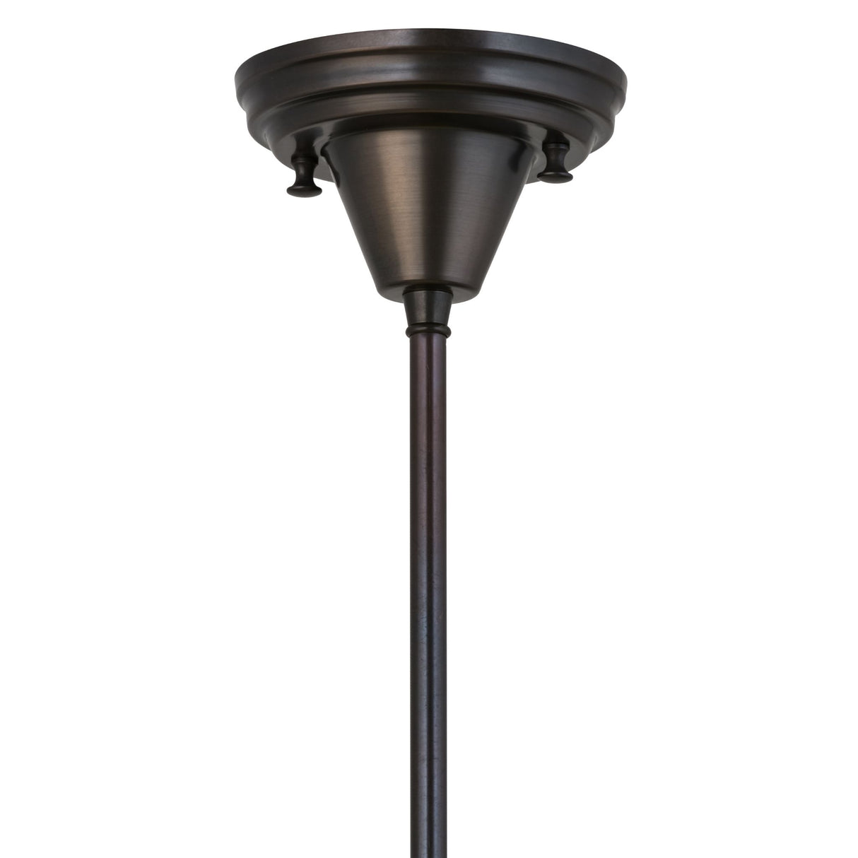 Close-up of canopy and downrod in Craftsman Brown on Brass finish.