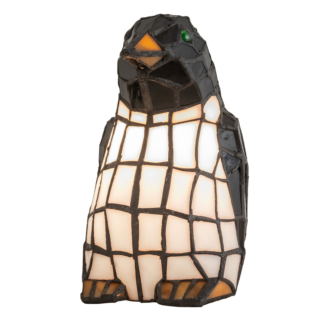 Penguin-shaped stained glass lamp detail view.