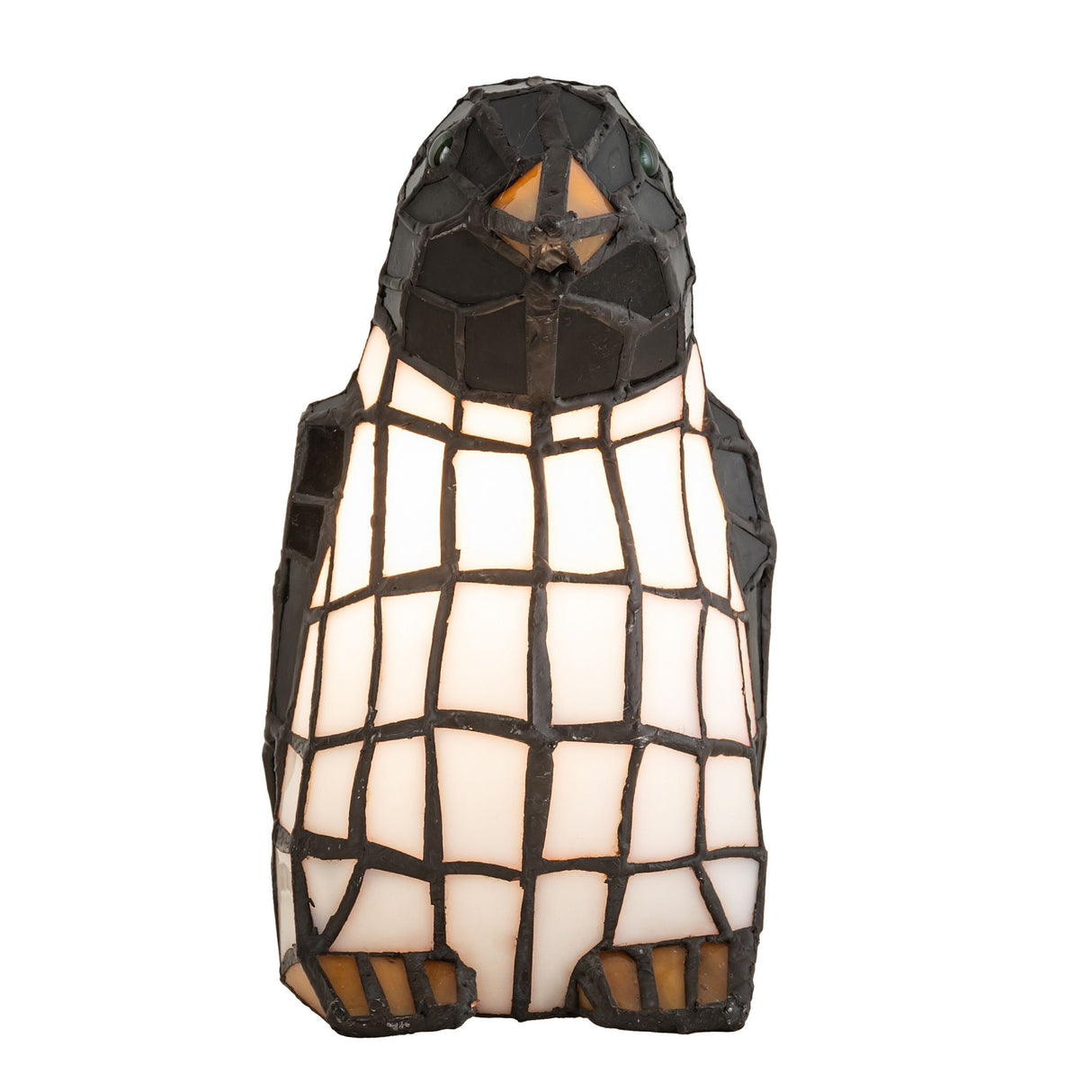 Front view of penguin stained glass lamp.