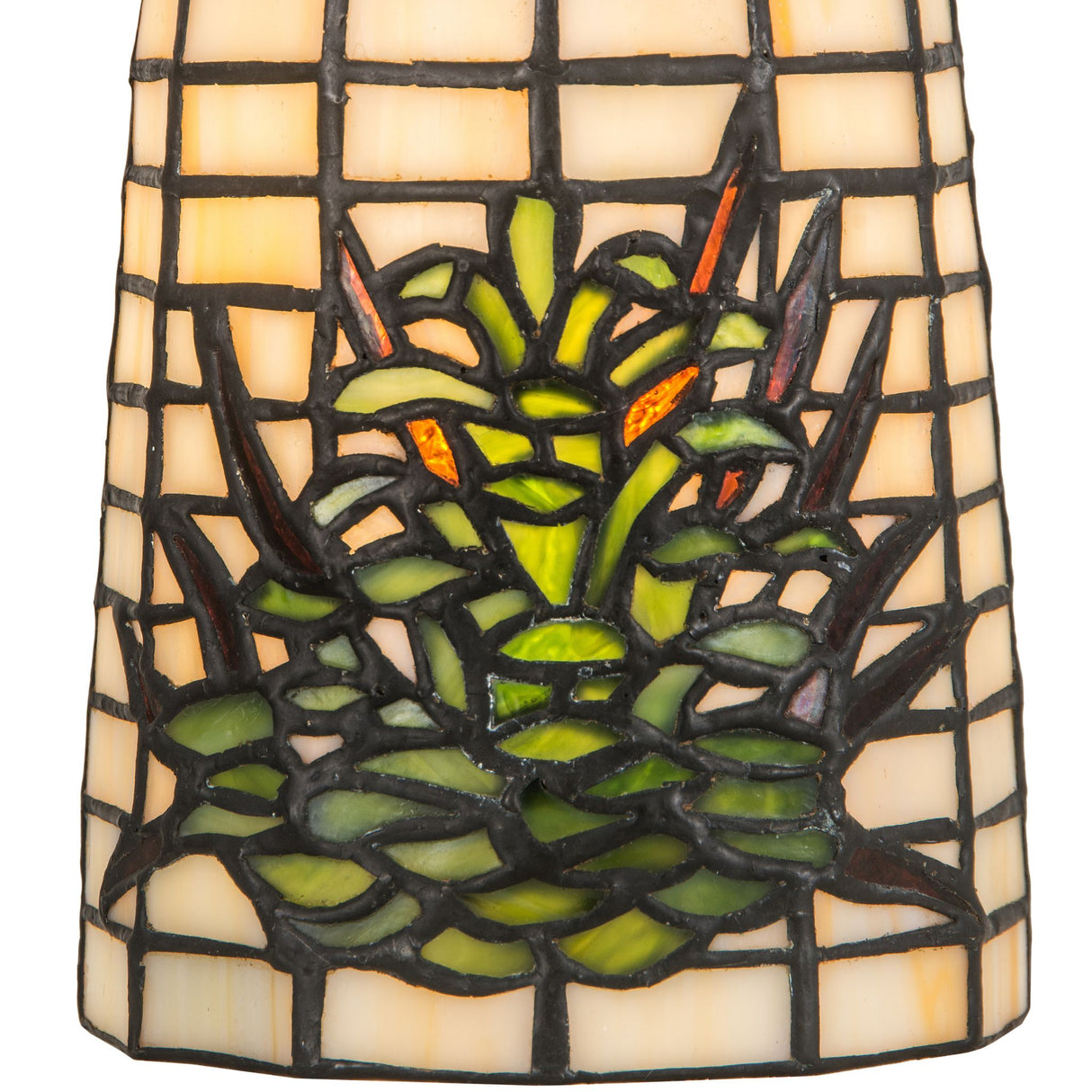 Close-up view of the floral stained glass pattern.