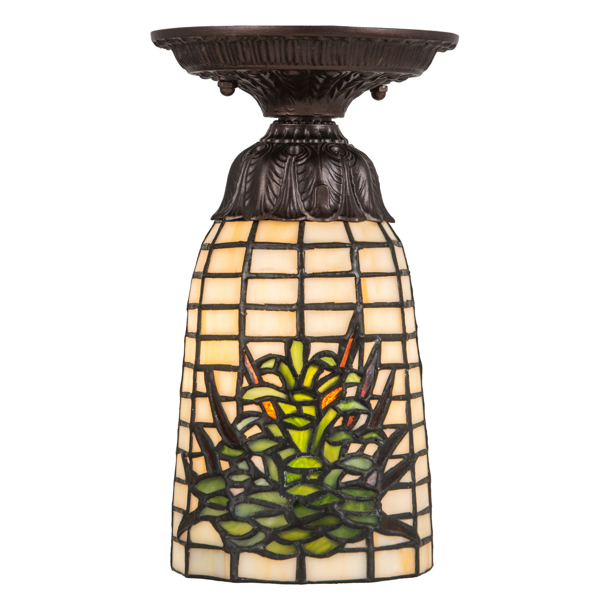 Close-up of Pine Barons flushmount showing its intricate glasswork.